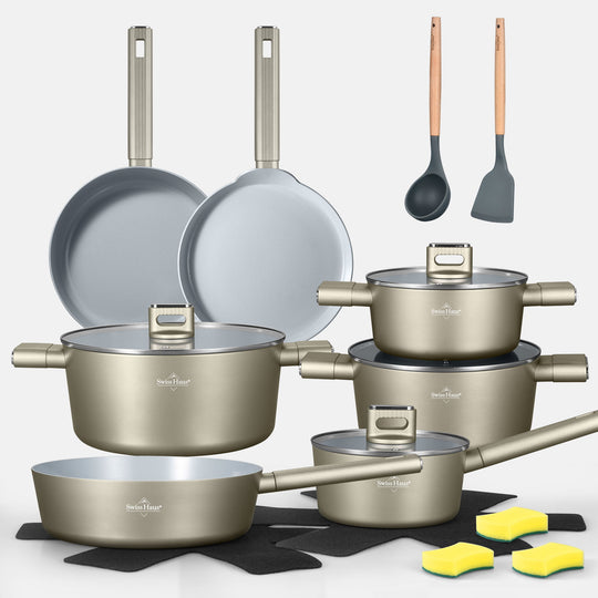 Swiss Haus Speiez Castle SC3018CH – 18-teiliges Keramik-Induktions-Kochgeschirrset – Champagner