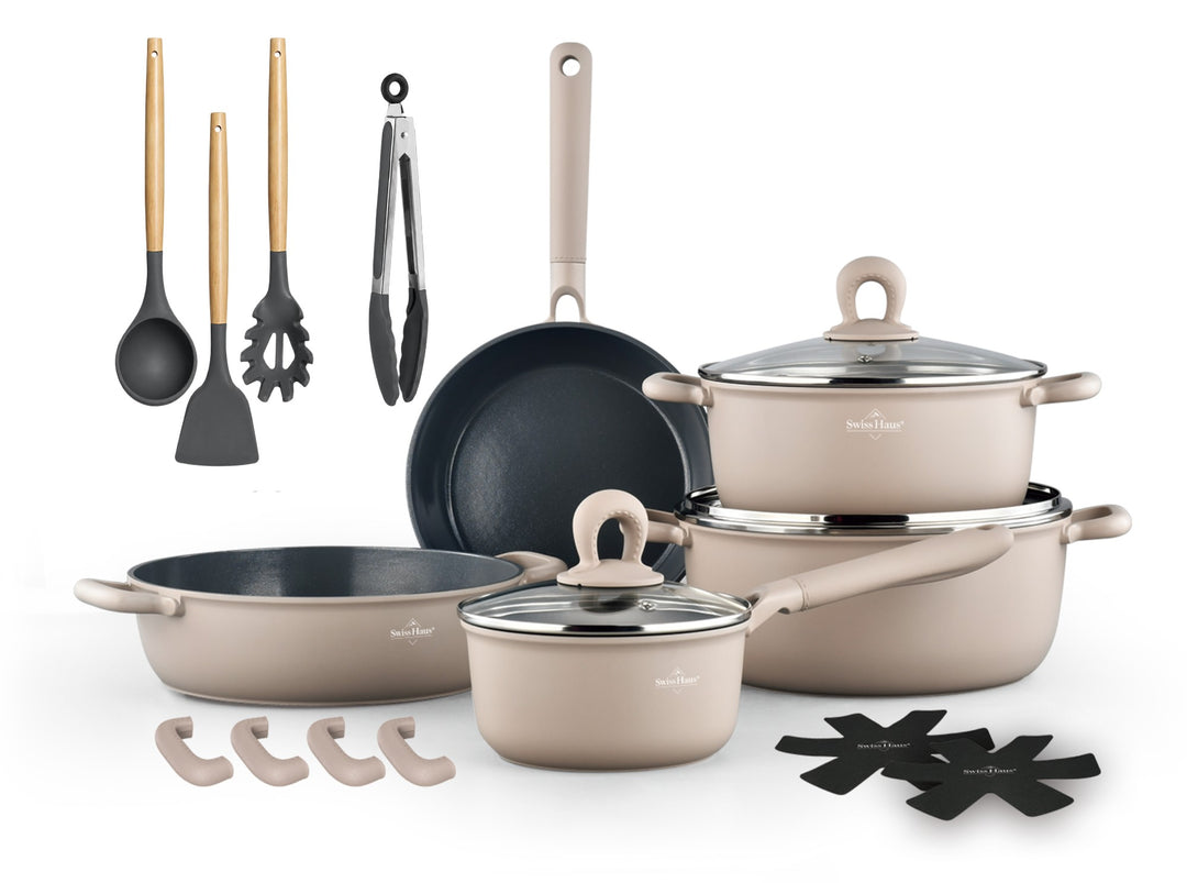 Swiss Haus ZL3018BE Zurich Luxury 18-Piece Ceramic Non-Stick Induction Cookware Set – Beige