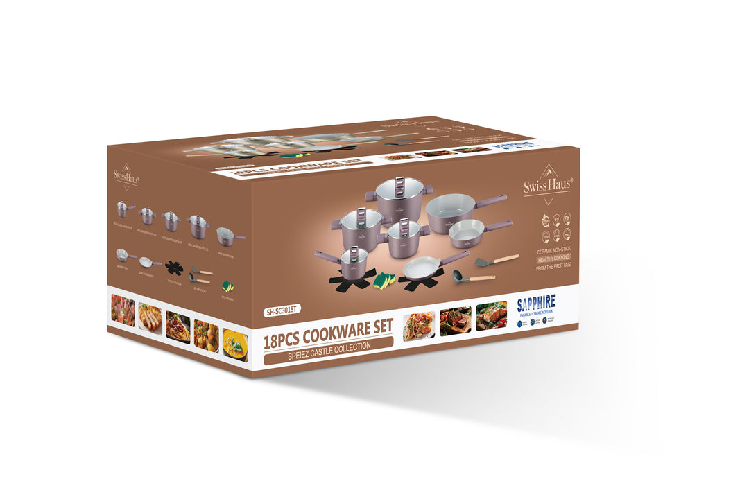 Swiss Haus Speiez Castle SC3018T – Batterie de cuisine céramique 18 pièces pour induction – Violet