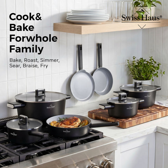 Swiss Haus Speiez Castle SC3018B – 18-teiliges Keramik-Induktions-Kochgeschirrset – Schwarz