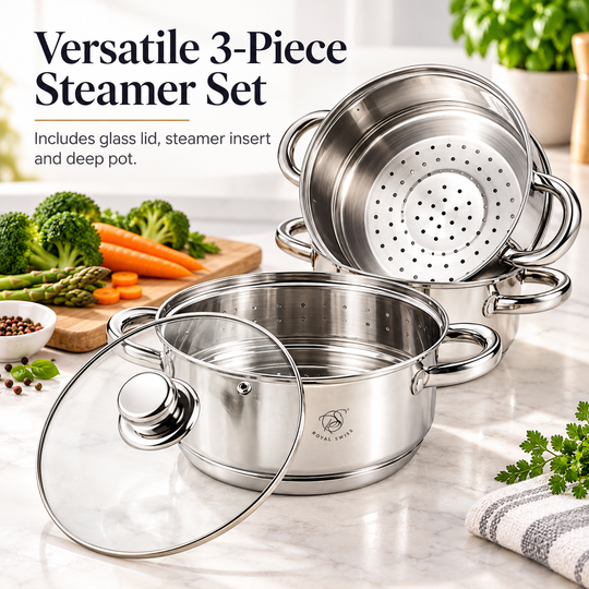 3-Piece Stainless Steel Steamer Set – 22 / 26 / 28 cm