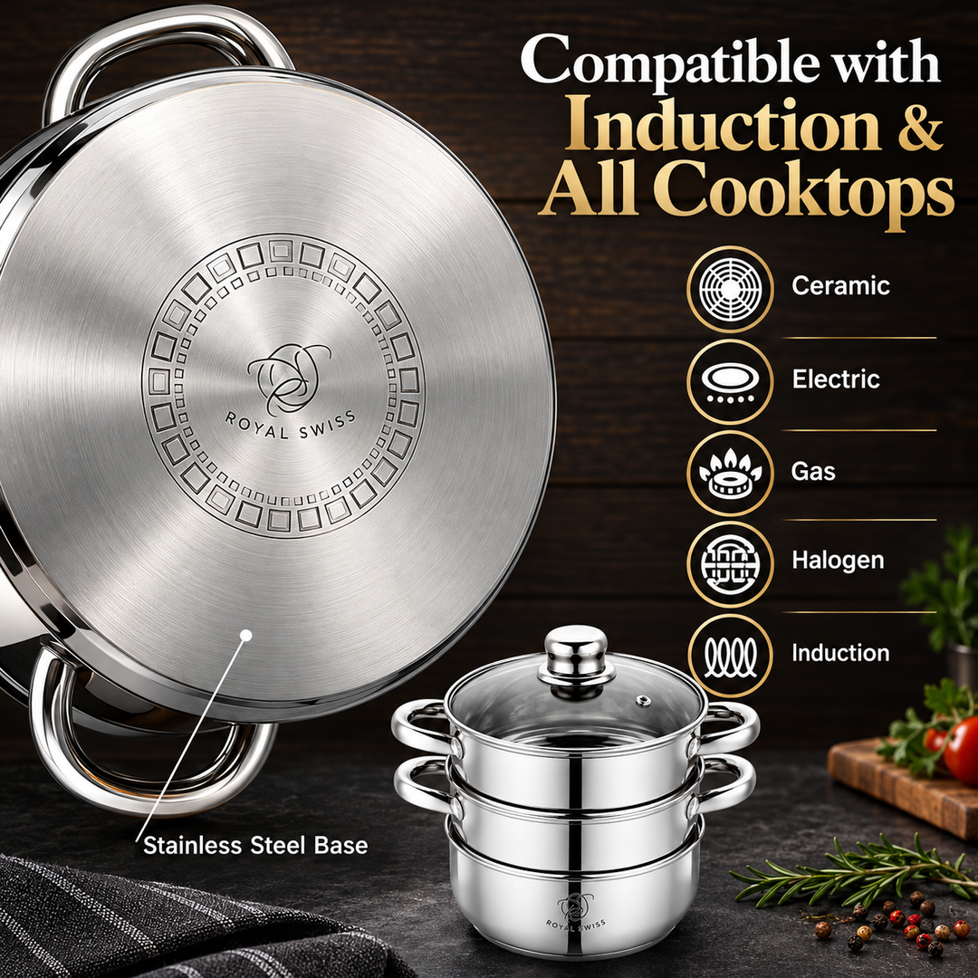 3-Piece Stainless Steel Steamer Set – 22 / 26 / 28 cm