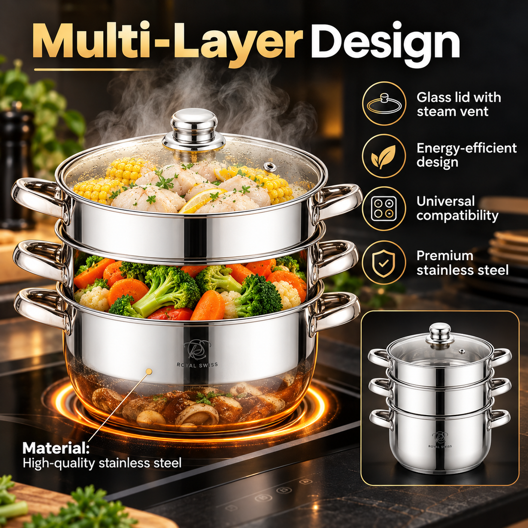 3-Piece Stainless Steel Steamer Set – 22 / 26 / 28 cm