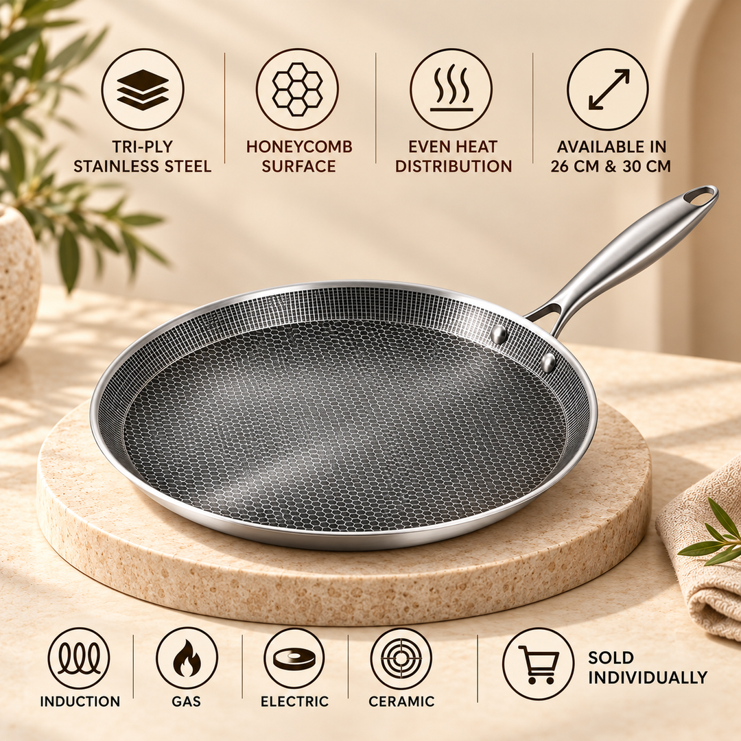 Tri-Ply Stainless Steel Crêpe Pan – 26 / 30 cm – PFAS-Free