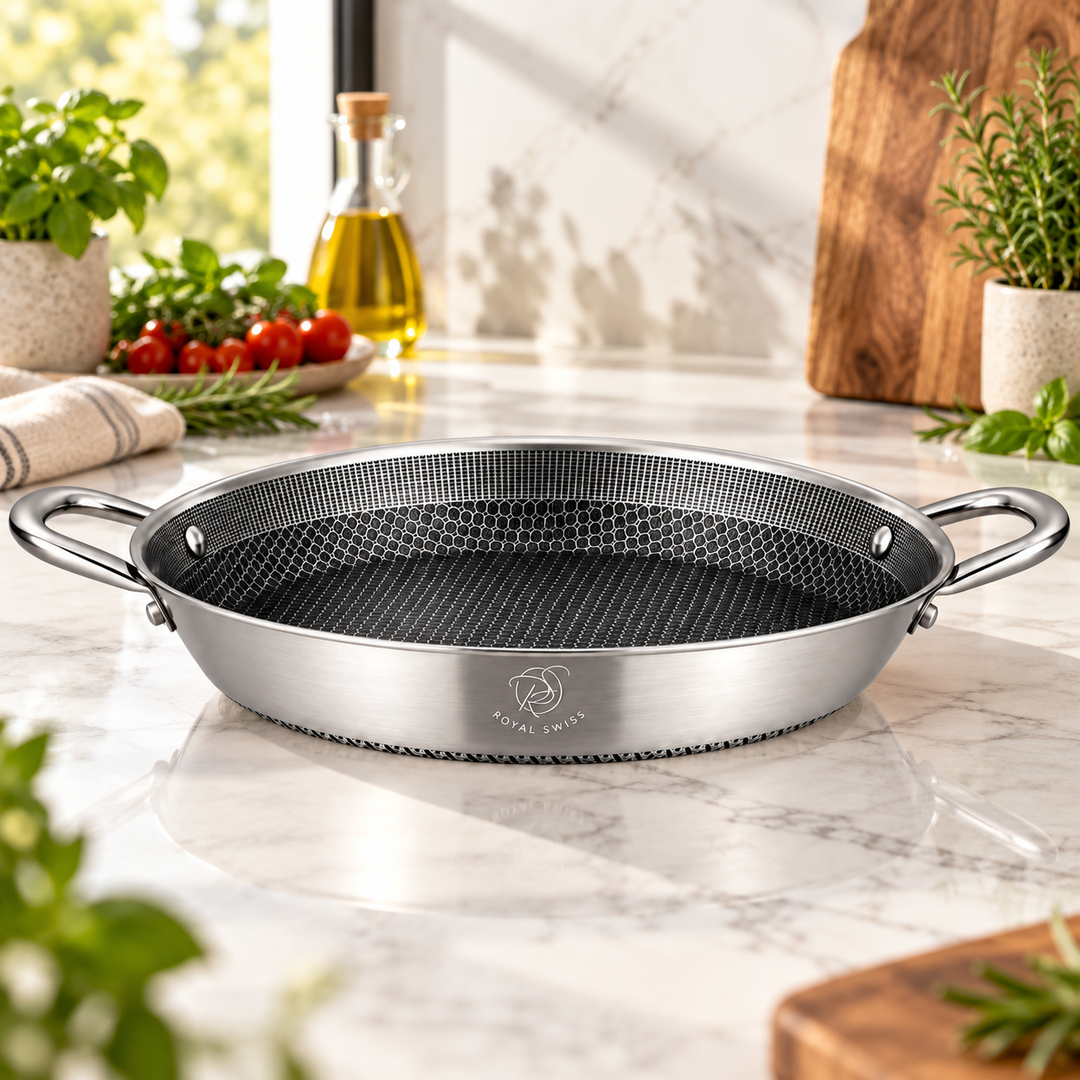 Tri-Ply Stainless Steel Paella Pan – 32 / 36 cm – Honeycomb Induction