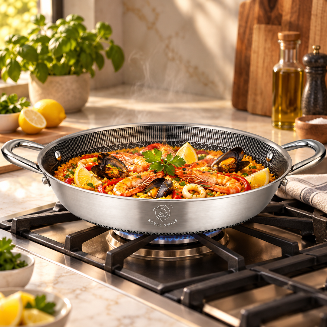 Tri-Ply Stainless Steel Paella Pan – 32 / 36 cm – Honeycomb Induction