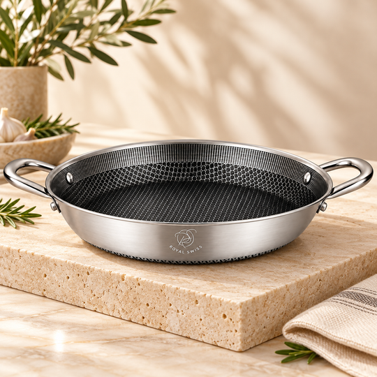 Tri-Ply Stainless Steel Paella Pan – 32 / 36 cm – Honeycomb Induction