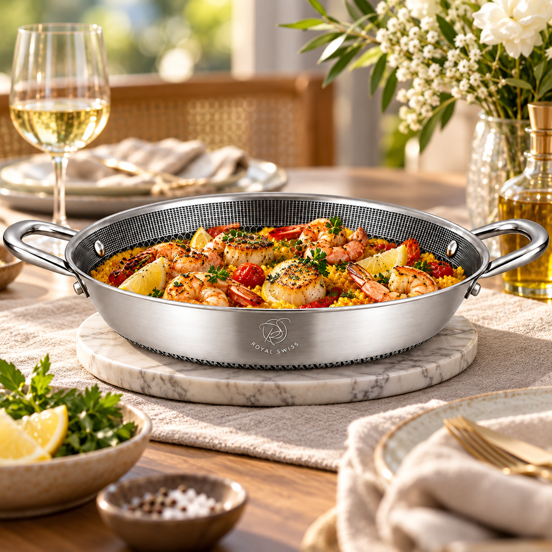 Tri-Ply Stainless Steel Paella Pan – 32 / 36 cm – Honeycomb Induction
