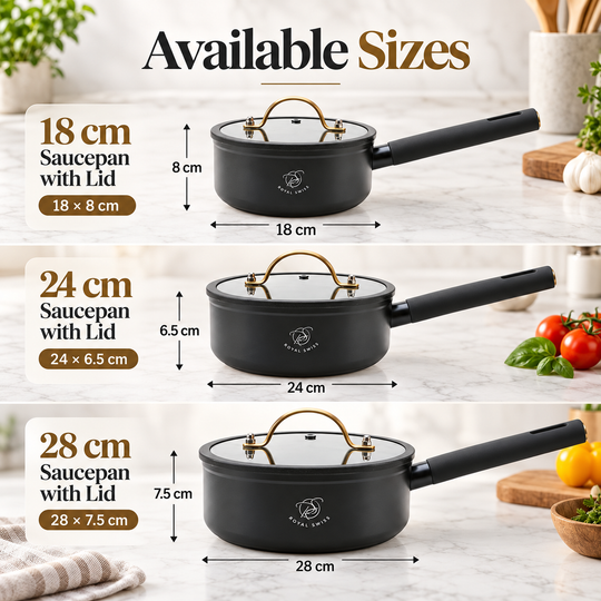 Royal Swiss Black Glory Saucepan available sizes – 18 × 8, 24 × 6.5, 28 × 7.5 cm
