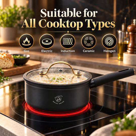 Royal Swiss Black Glory Saucepan product detail – 18 / 24 / 28 cm