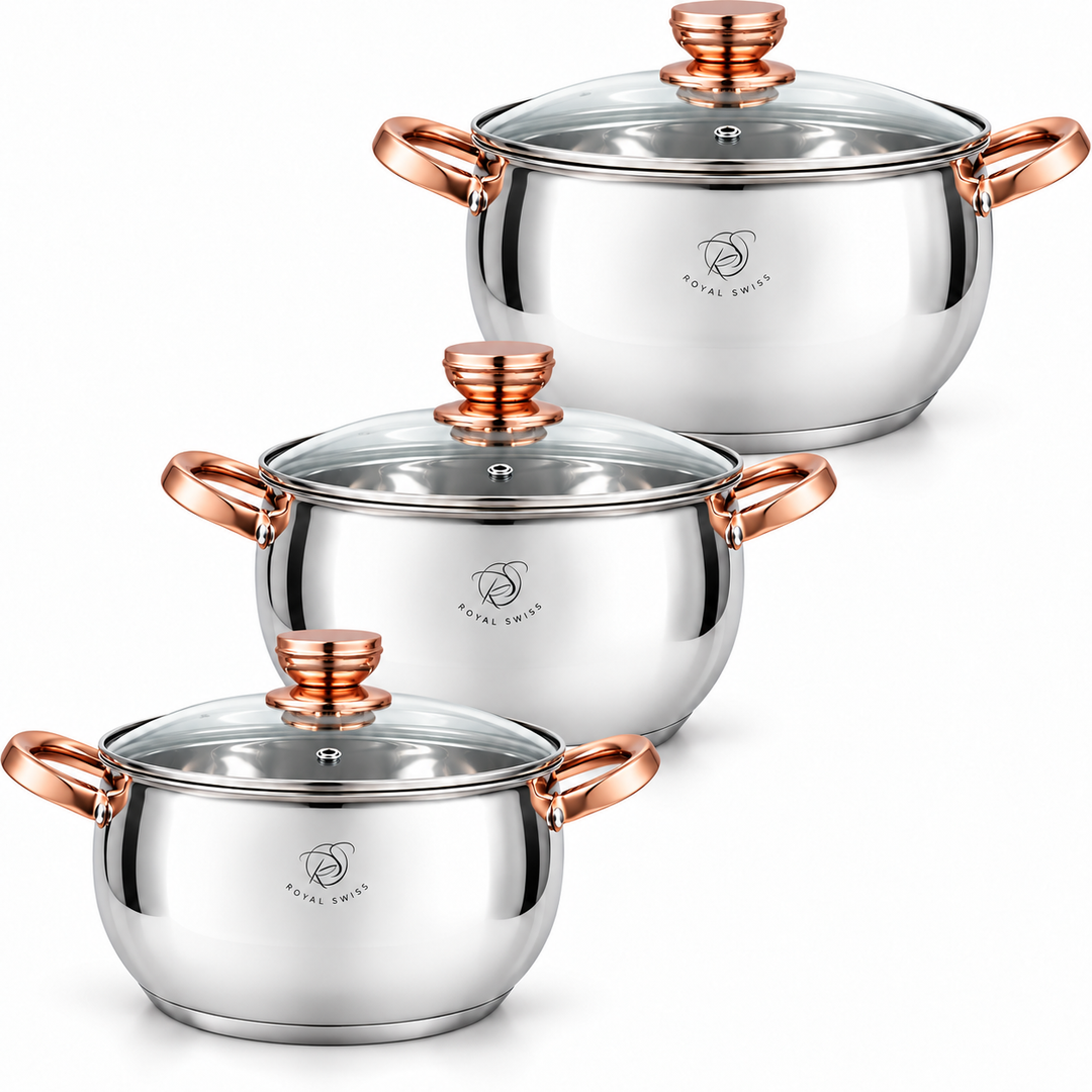 Royal Swiss 6-Piece Stainless Steel 16/20/24cmCasserole Set – Copper Handles