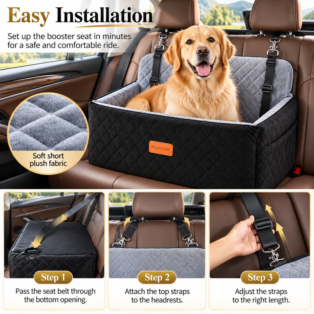 HEGGCOOE Dog Car Seat for Medium &amp; Large Dogs – Washable Booster Bed, Black/Grey