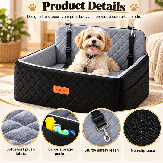 HEGGCOOE Dog Car Seat for Medium &amp; Large Dogs – Washable Booster Bed, Black/Grey