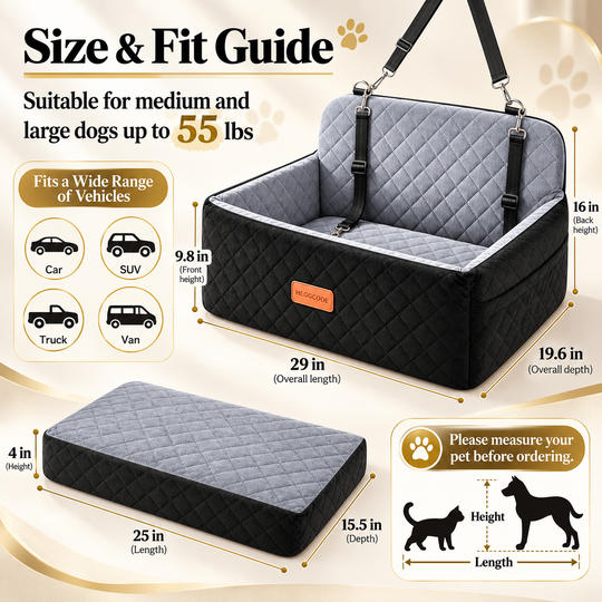 HEGGCOOE Dog Car Seat for Medium &amp; Large Dogs – Washable Booster Bed, Black/Grey