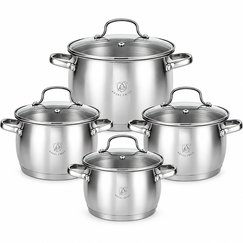 8-Piece Belly-Shaped Stainless Steel Casserole Set – 4 Pots with Lids