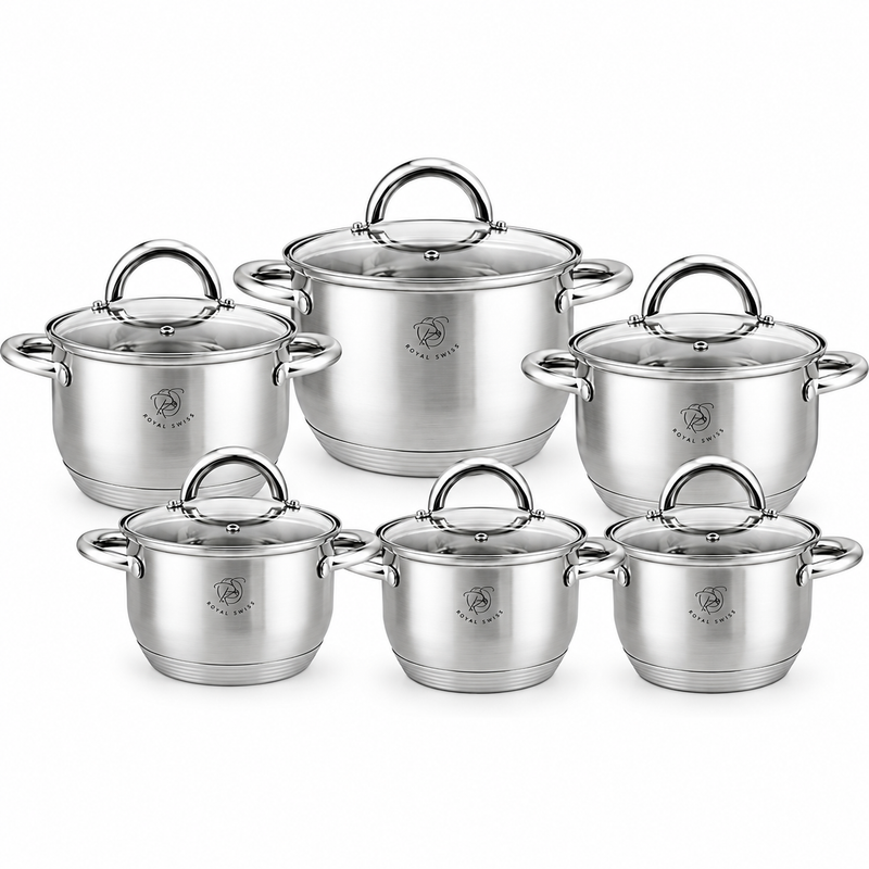 12-Piece Stainless Steel Cookware Set – 6 Pots with Lids – Induction Compatible