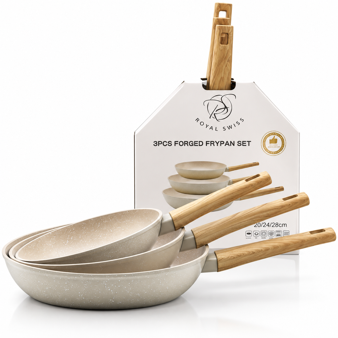 Royal Swiss 3-Piece Frying Pan Set Beige packaging view 