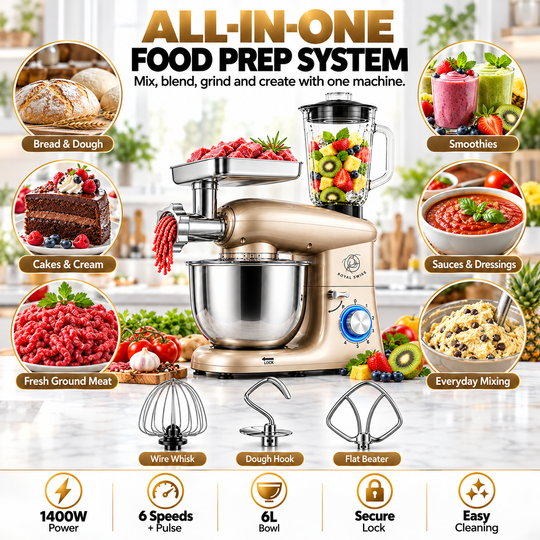 Royal Swiss 6L 3-in-1 Stand Mixer Beige meat grinder feature 