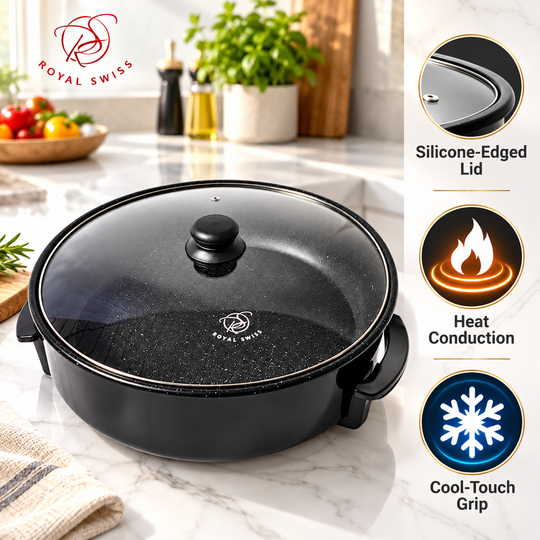 Electric Pizza Pan 42cm / 46cm – Non-Stick with Glass Lid
