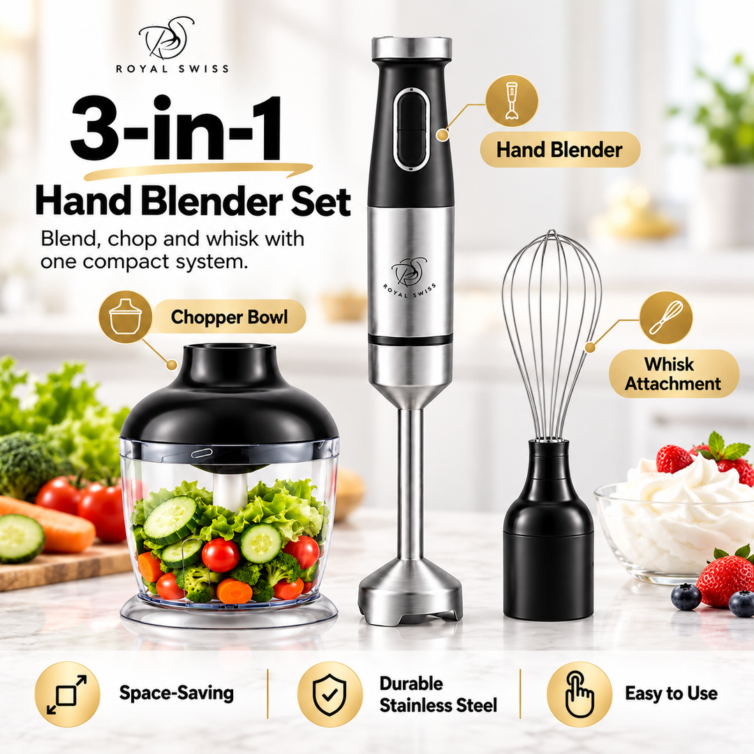 3-in-1 Hand Blender 1000W – Stainless Steel Set with Chopper &amp; Whisk