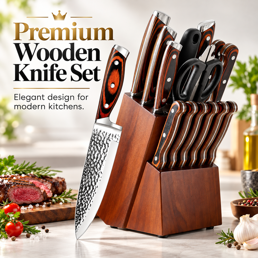 15-Piece Stainless Steel Knife Set with Block &amp; Sharpener – Brown
