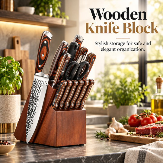 15-Piece Stainless Steel Knife Set with Block &amp; Sharpener – Brown