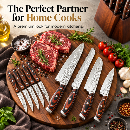 15-Piece Stainless Steel Knife Set with Block &amp; Sharpener – Brown