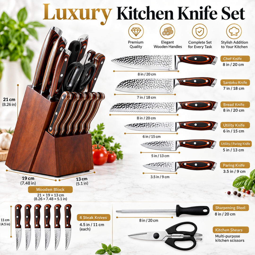 15-Piece Stainless Steel Knife Set with Block &amp; Sharpener – Brown