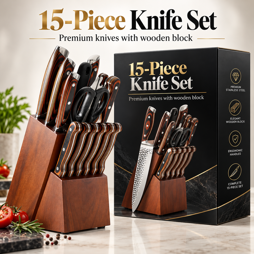 15-Piece Stainless Steel Knife Set with Block &amp; Sharpener – Brown