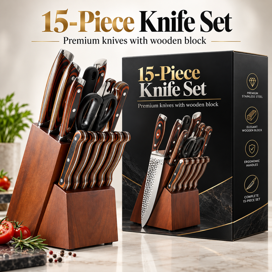 15-Piece Stainless Steel Knife Set with Block &amp; Sharpener – Brown