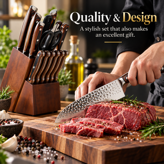 15-Piece Stainless Steel Knife Set with Block &amp; Sharpener – Brown