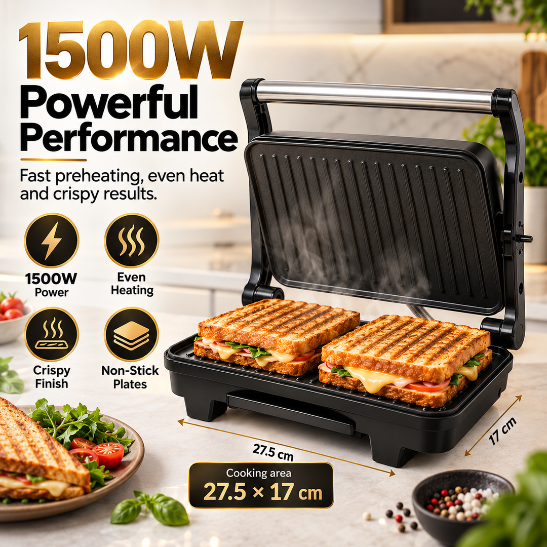 1500W Contact Grill – Non-Stick Panini Maker