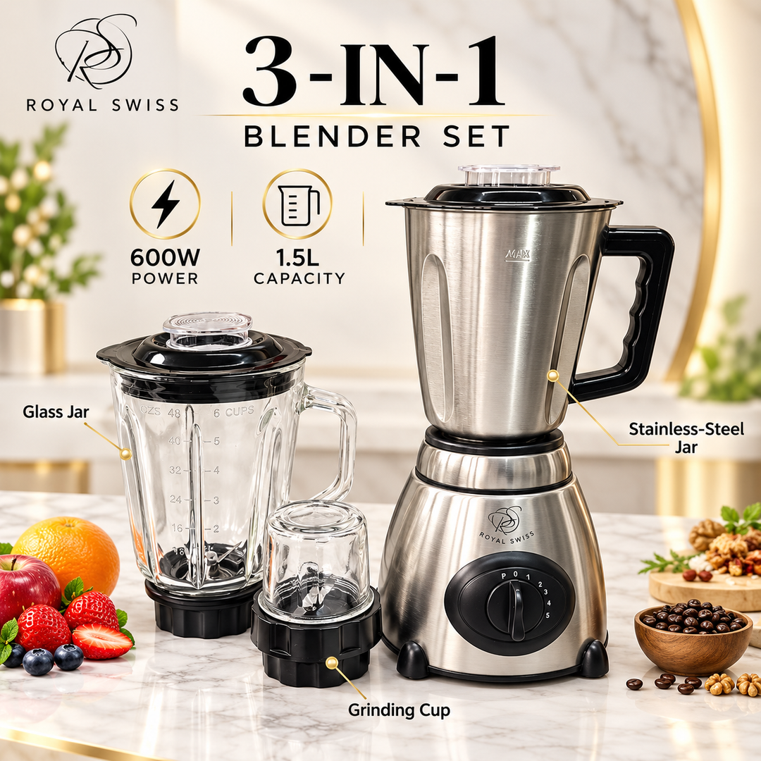 3-in-1 Blender 600W – 1.5L Glass &amp; Stainless Steel Jugs + Grinder