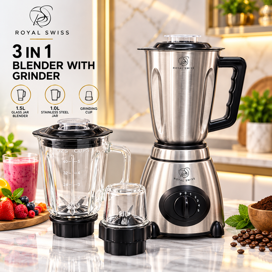 3-in-1 Blender 600W – 1.5L Glass &amp; Stainless Steel Jugs + Grinder