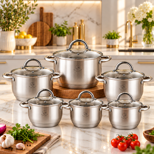 12-Piece Stainless Steel Cookware Set – 6 Pots with Lids – Induction Compatible