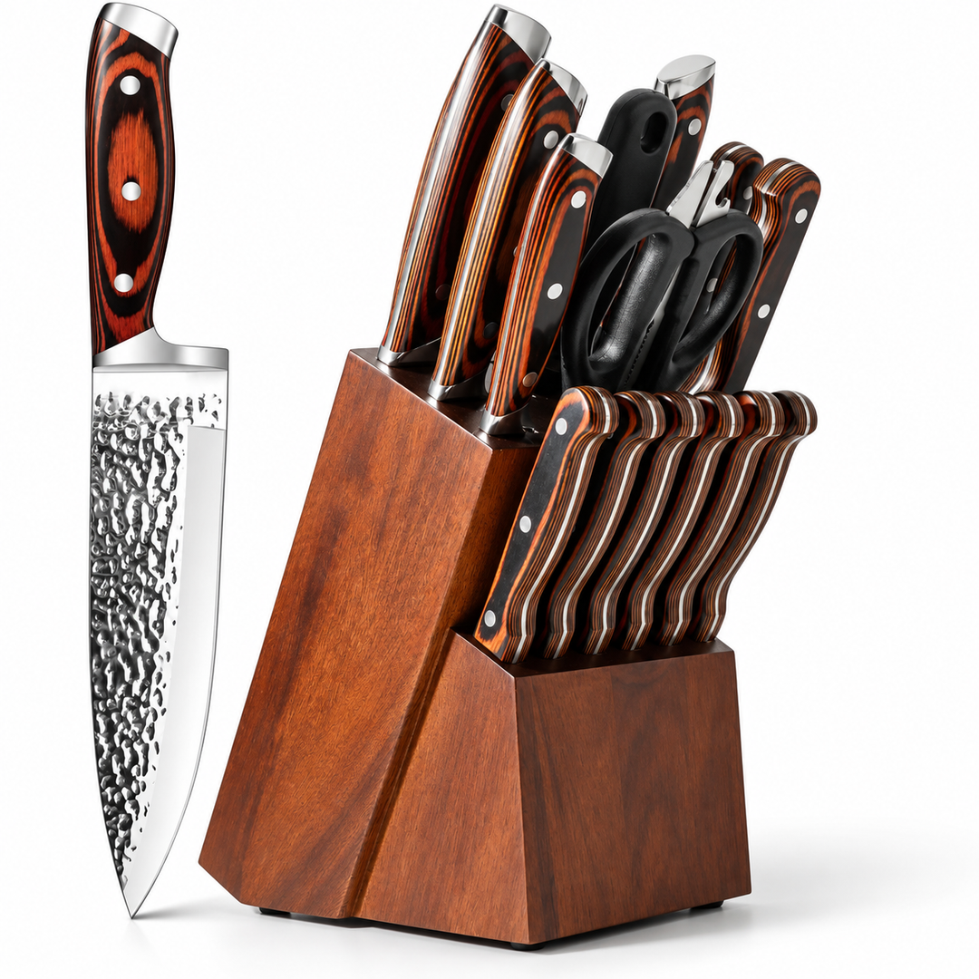 15-Piece Stainless Steel Knife Set with Block &amp; Sharpener – Brown