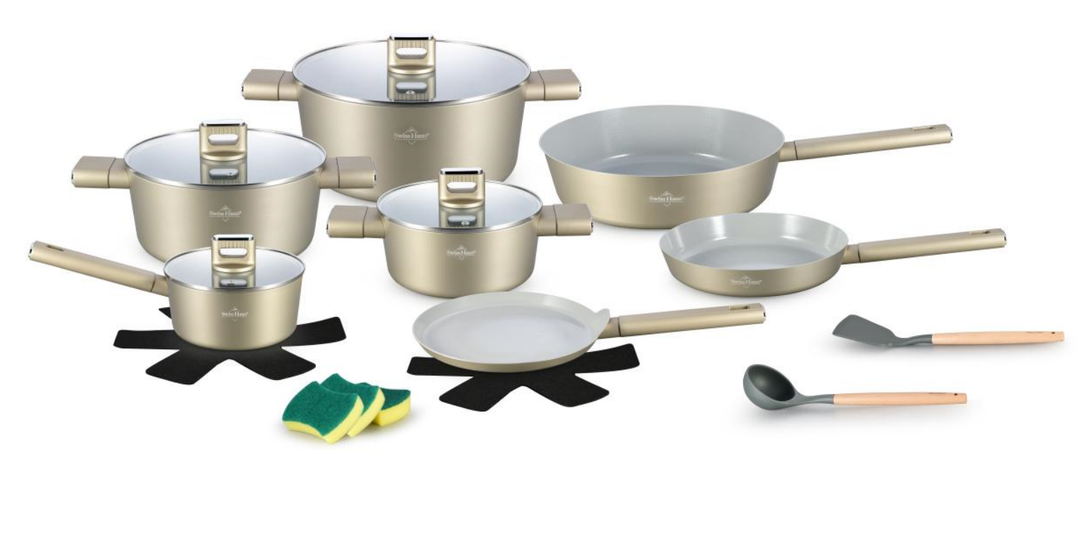 Swiss Haus Speiez Castle SC3018CH – 18-teiliges Keramik-Induktions-Kochgeschirrset – Champagner