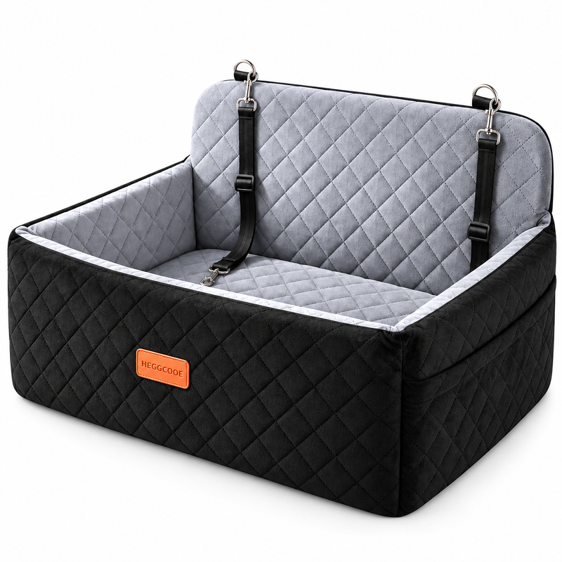HEGGCOOE Dog Car Seat for Medium & Large Dogs – Washable Booster Bed, Black/Grey
