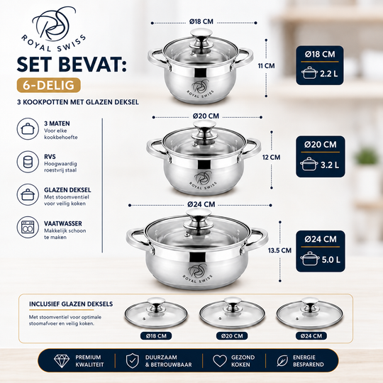 6-Piece Stainless Steel Cookware Set 18/20/24cm – Glass Lids – Induction