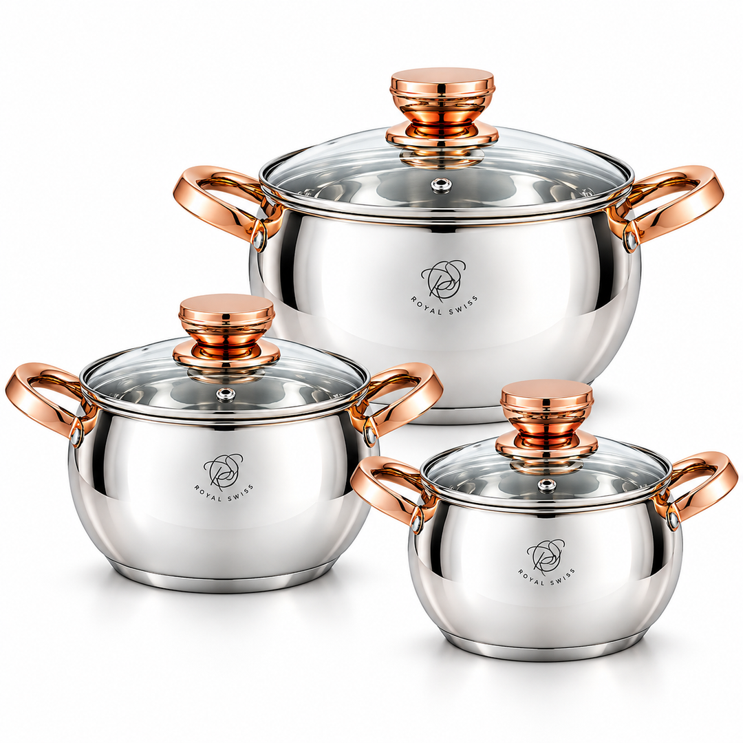 6-teiliges Edelstahl-Kochtopfset 16/20/24 cm – kupferfarbene Griffe