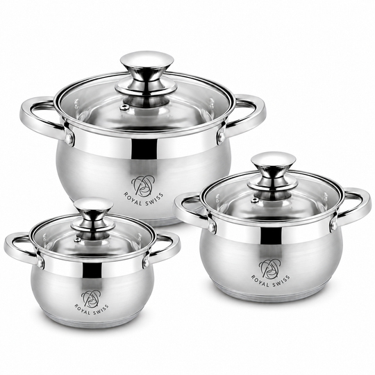 6-Piece Stainless Steel Cookware Set 18/20/24cm – Glass Lids – Induction
