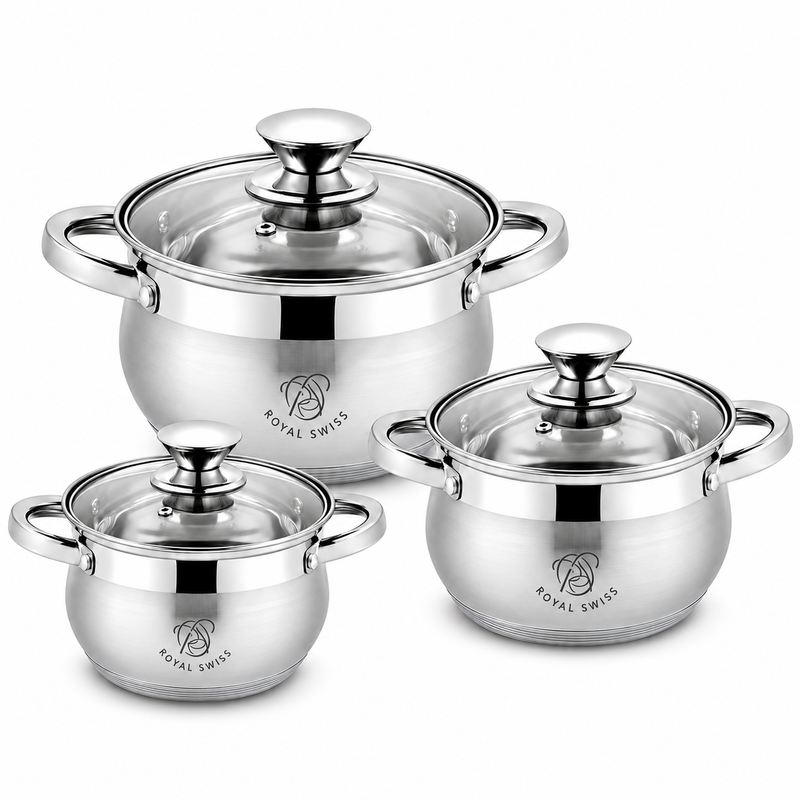 6-Piece Stainless Steel Cookware Set 18/20/24cm – Glass Lids – Induction