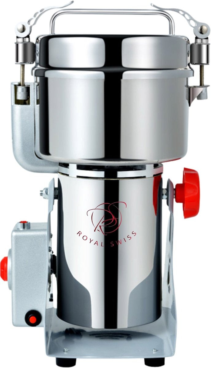 Royal Swiss® – Moulin Électrique à Épices 1800 W – Capacité 350 g – Moulin & Broyeur à Grains en Acier Inoxydable – Moulin Professionnel pour Épices, Céréales & Noix – Puissant & Durable