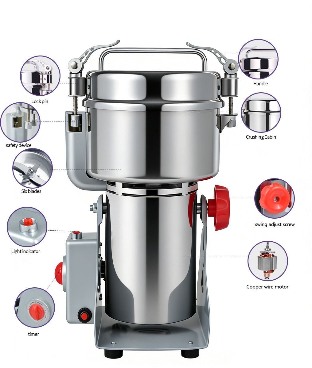 Royal Swiss® – Moulin Électrique à Épices 1800 W – Capacité 350 g – Moulin & Broyeur à Grains en Acier Inoxydable – Moulin Professionnel pour Épices, Céréales & Noix – Puissant & Durable