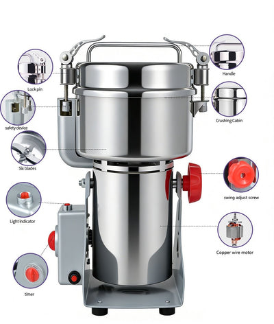 Royal Swiss® – Moulin Électrique à Épices 1800 W – Capacité 350 g – Moulin & Broyeur à Grains en Acier Inoxydable – Moulin Professionnel pour Épices, Céréales & Noix – Puissant & Durable