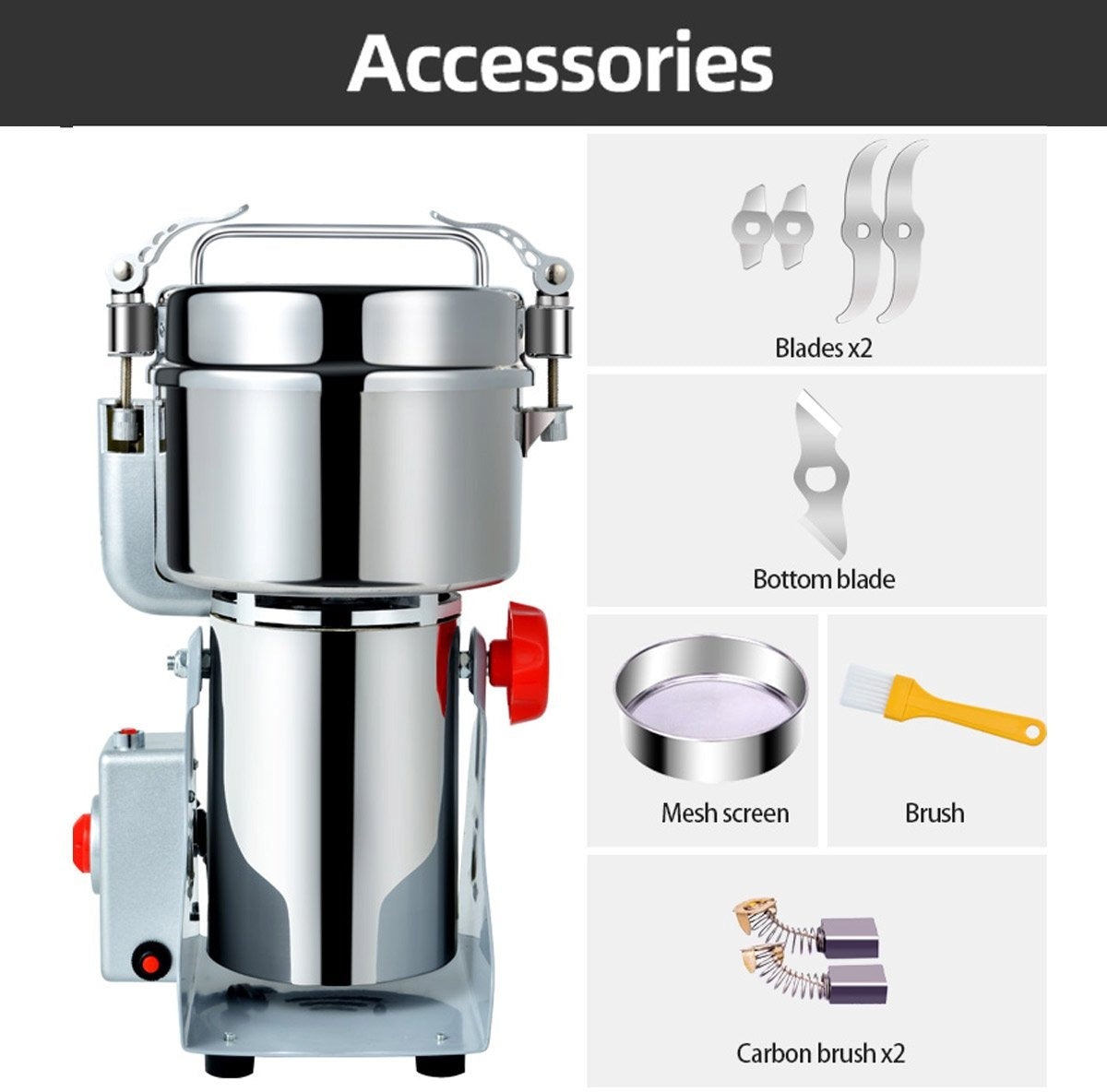 Royal Swiss® – Moulin Électrique à Épices 1800 W – Capacité 350 g – Moulin & Broyeur à Grains en Acier Inoxydable – Moulin Professionnel pour Épices, Céréales & Noix – Puissant & Durable