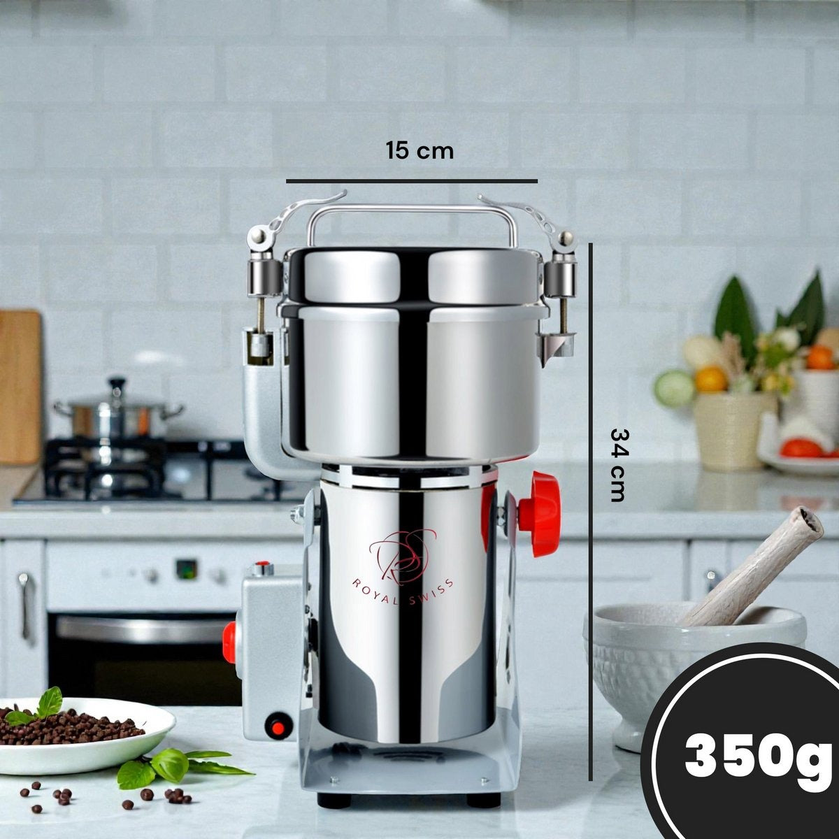 Royal Swiss® – Moulin Électrique à Épices 1800 W – Capacité 350 g – Moulin & Broyeur à Grains en Acier Inoxydable – Moulin Professionnel pour Épices, Céréales & Noix – Puissant & Durable
