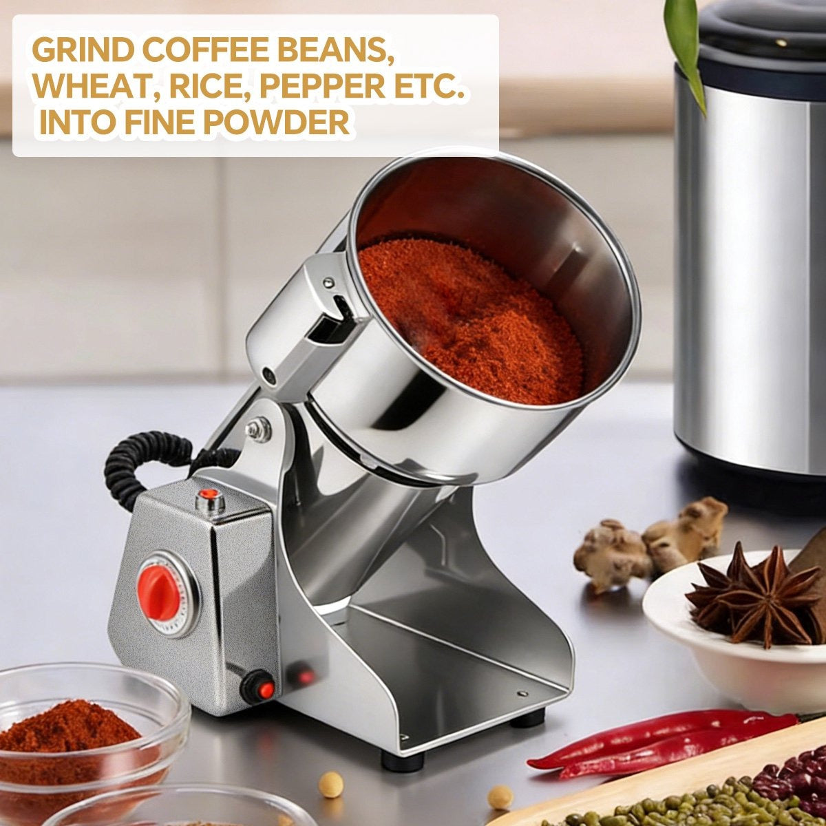 Royal Swiss® – Moulin Électrique à Épices 1800 W – Capacité 350 g – Moulin & Broyeur à Grains en Acier Inoxydable – Moulin Professionnel pour Épices, Céréales & Noix – Puissant & Durable
