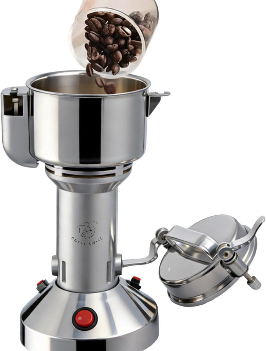 Royal Swiss® Moulin Électrique à Épices 850 W – Moulin Sec en Acier Inoxydable 150 g – 6 Lames – 28 000 tr/min – Pour Café, Noix & Épices