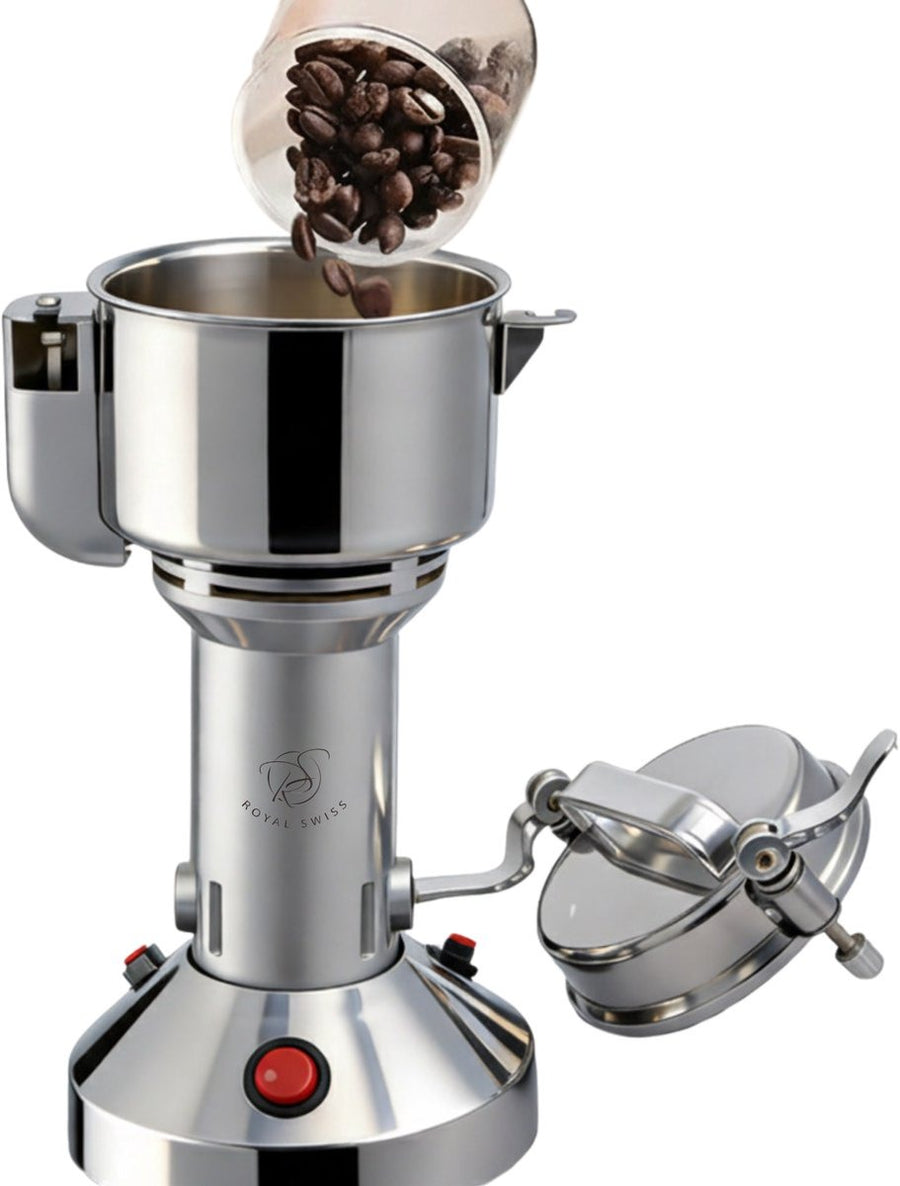 Royal Swiss® Moulin Électrique à Épices 850 W – Moulin Sec en Acier Inoxydable 150 g – 6 Lames – 28 000 tr/min – Pour Café, Noix & Épices